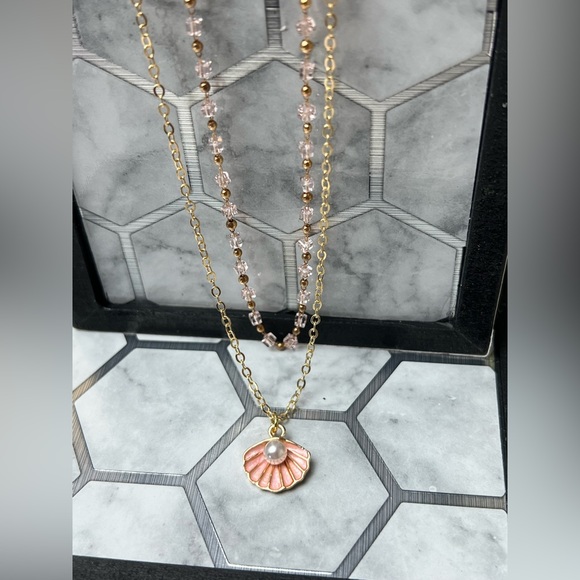 Beachy Chic Pink Multi-Strand Necklace Set- Sea Shell and Pearl Layered Necklace - Picture 4 of 12